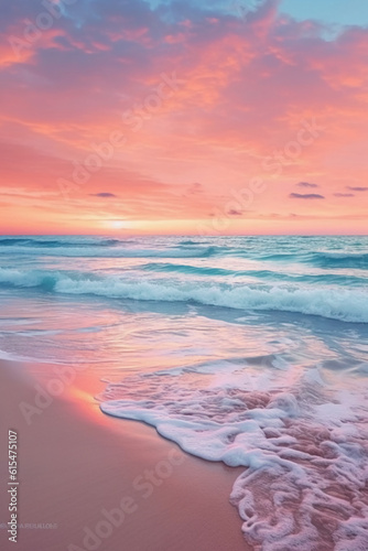 A tranquil beach scene at twilight, with soft pastel colors painting the sky and the gentle sound of waves lapping against the shore. AI generative