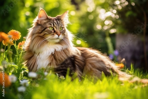 Long haired tabby cat enjoying summer outside