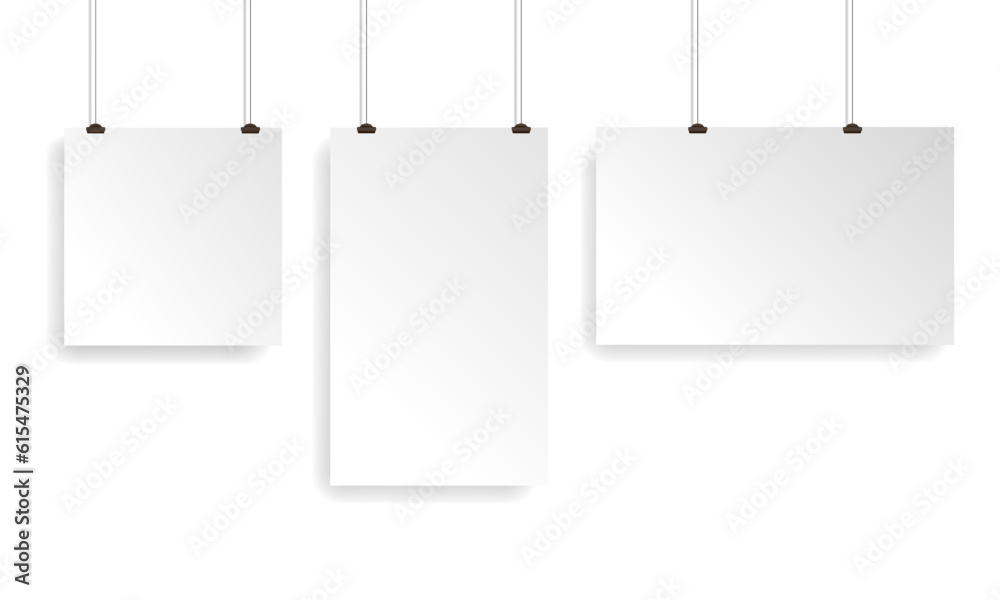 Realistic blank paper sheets hanging on binder clip. White poster with shadow. Design template, mockup. Vector illustration isolated on white background