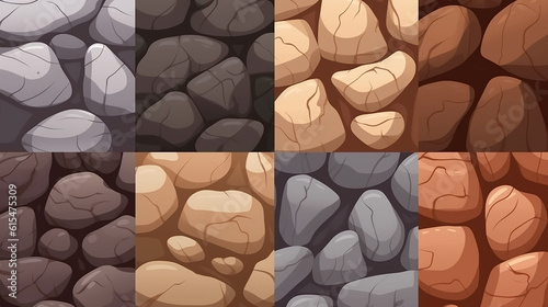 Pedras de textura de jogo, seixos, padrão perfeito de parede de pedra. Fundo de desenho animado de estrada rochosa ou chão photo