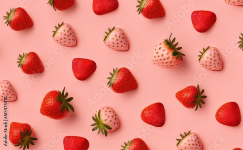 Fresh red strawberry on pink background, top view. Minimalistic scattered berries pattern