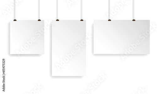 Realistic blank paper sheets hanging on binder clip. White poster with shadow. Design template, mockup. Vector illustration isolated on white background