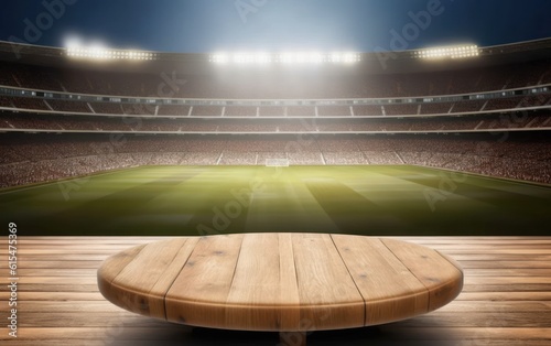 Empty wooden table top product display showcase stage with large sports stadium background
