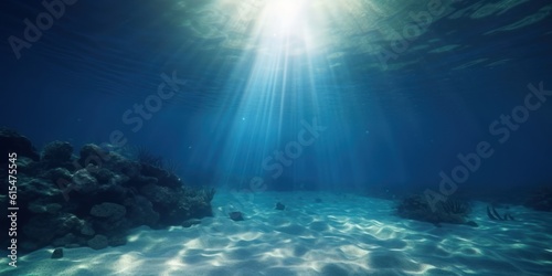 Empty blue underwater with sunlight shine to sand sea floor, deep ocean © Tisha