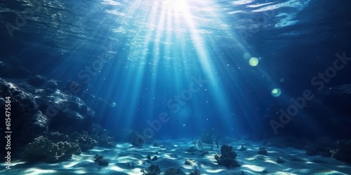 Empty blue underwater with sunlight shine to sand sea floor  deep ocean