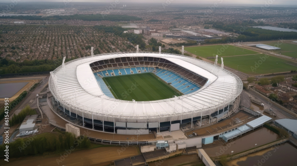 An aerial shot of a modern football stadium. Generative AI
