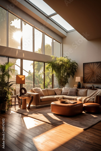 Architectural photography of a modern living room, the sun shines through the window, professional color grading, soft shadows, no contrast, clean sharp focus, film photography. AI generative