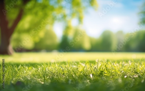 Spring nature with a neatly trimmed lawn surrounded by trees against a blue sky