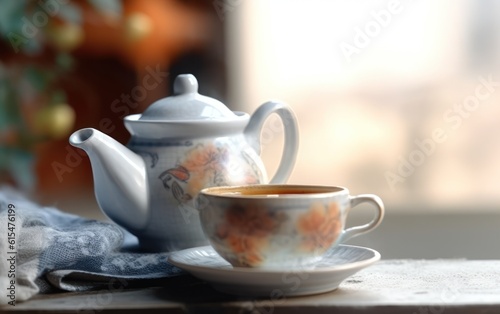 Banner of grey cup with teapot. tea into pot on saucer in soft focus on blurred background