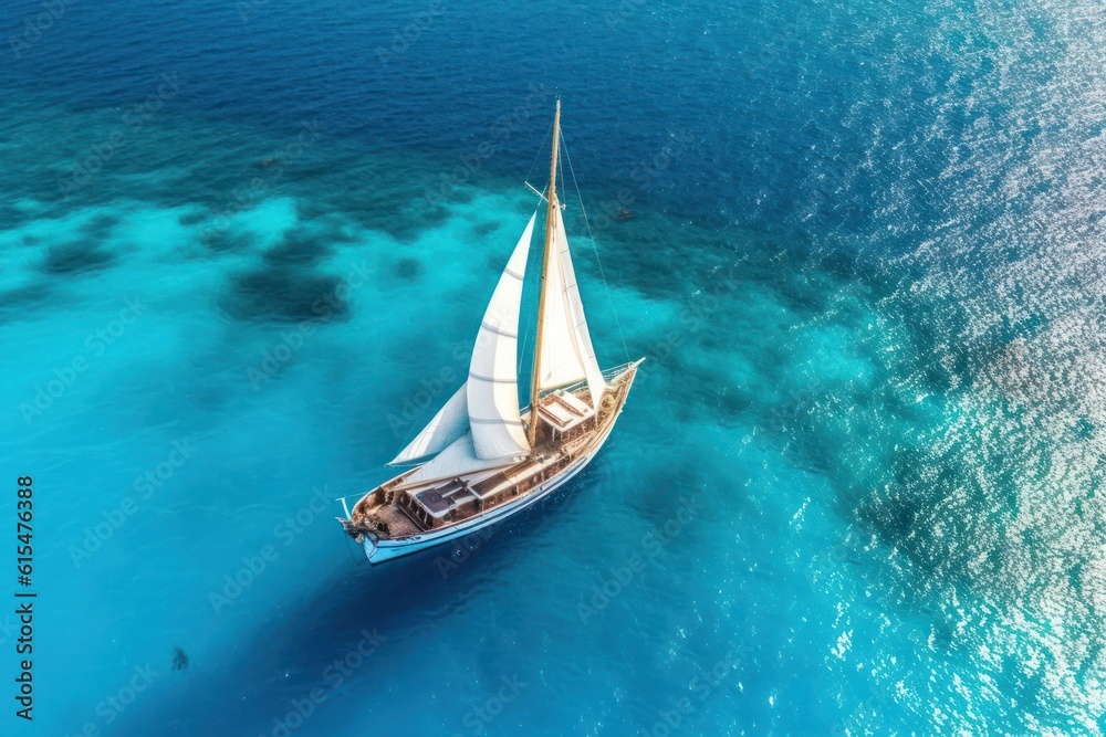 Aerial view of a luxury sailing boat in clear tropical blue water