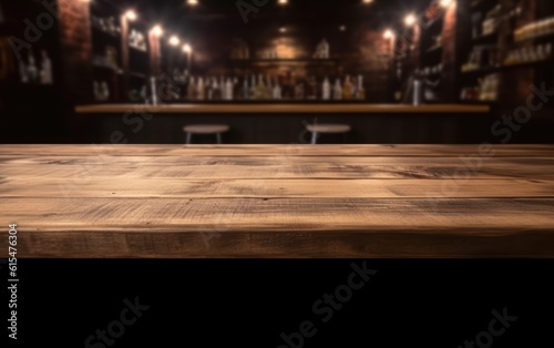 An empty wooden counter table top for product display in a pub or bar