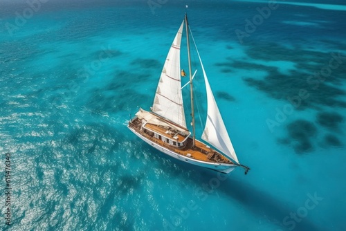 Aerial view of a luxury sailing boat in clear tropical blue water photo