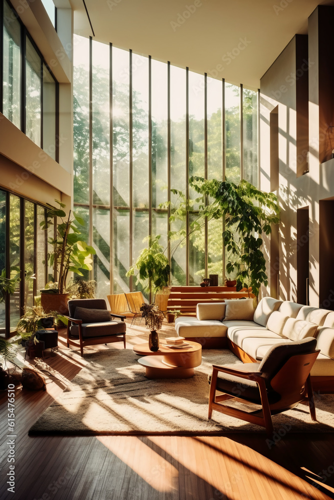 Architectural photography of a modern living room, the sun shines through the window, professional color grading, soft shadows, no contrast, clean sharp focus, film photography. AI generative