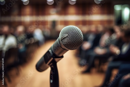 A microphone in front of a conference seminar audience