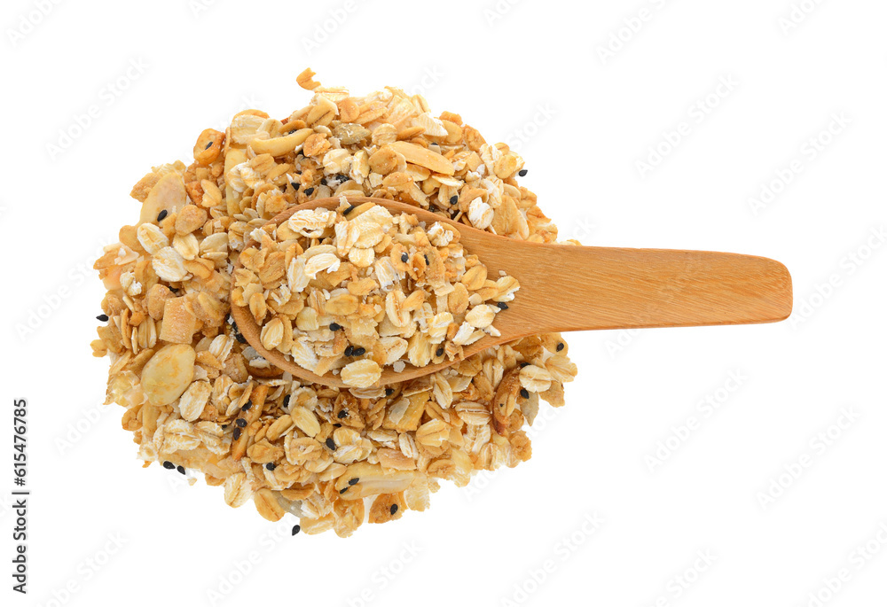nuts and seeds muesli in wood spoon isolated on transparent png Stock