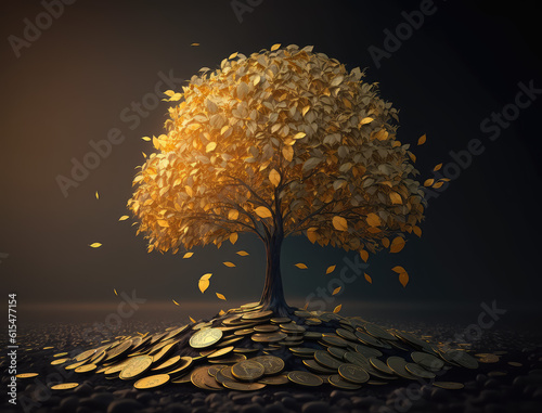 Money tree gold coin tree has coins fall on ground 