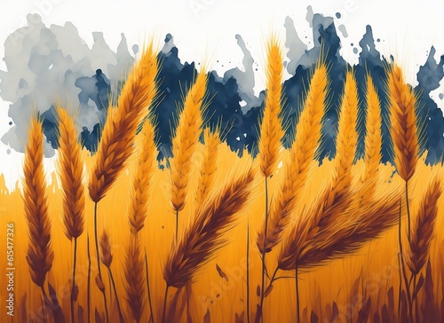 Illustration in a watercolor style. Spikelets of wheat against the blue sky. AI generation