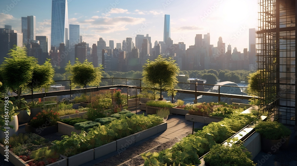 Fototapeta premium A rooftop garden oasis amidst a bustling city skyline, Generative AI