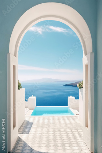 Design a captivating graphic that combines the majestic beauty of Greek architecture with the endless allure of the ocean. AI generative