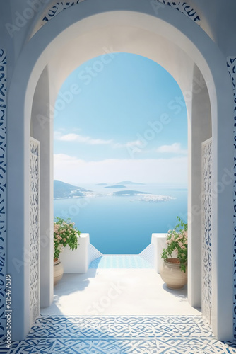 Design a captivating graphic that combines the majestic beauty of Greek architecture with the endless allure of the ocean. AI generative