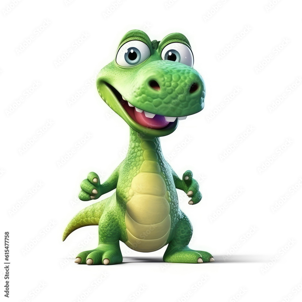 Naklejka premium Cute Adorable 3D Cartoon Baby Dinosaur on White Background Generative AI