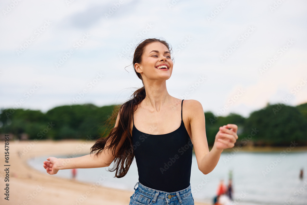 smile woman lifestyle running summer beach sea travel female sunset young smile woman lifestyle running summer beach sea travel female sunset young