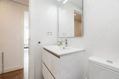 Small bathroom with a white resin sink on a wooden cabinet