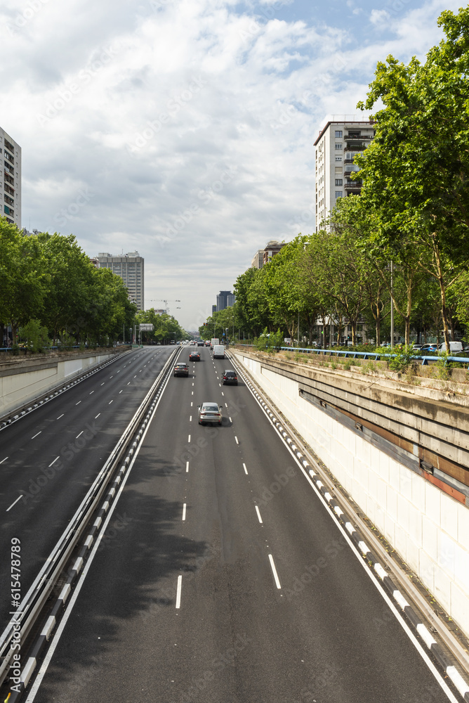 Entrance lanes and ascent to a tunnel in the heart of Madrid's Castellana