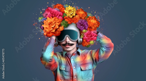 homem cômico com bigode e flores coloridas na cabeça  photo