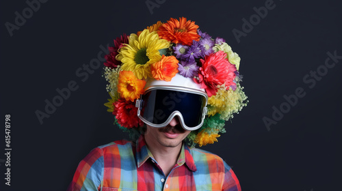 homem cômico com bigode e flores coloridas na cabeça 