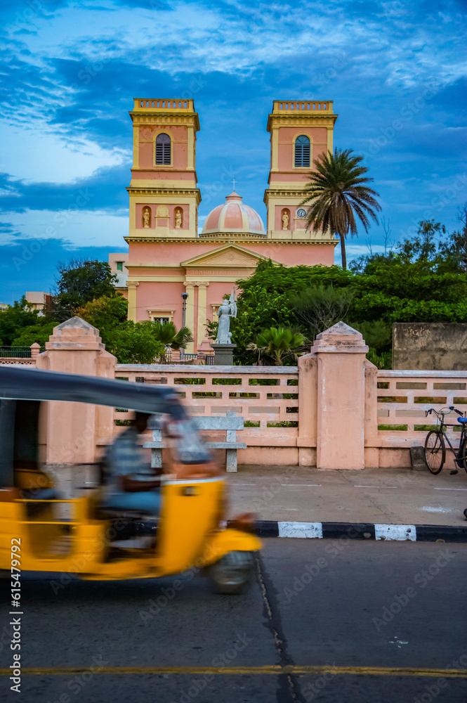 Auto rickshaw on a road in Pondicherry, India, travelling on a street ...