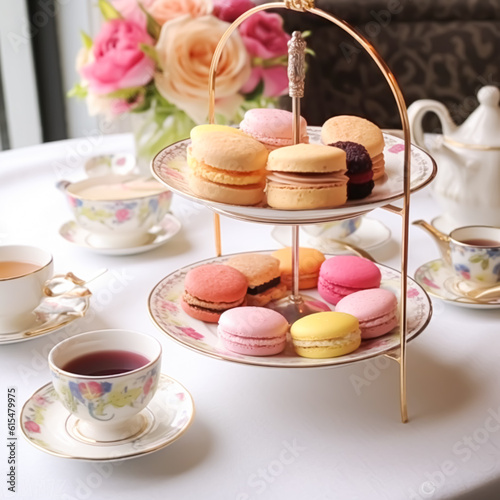 Afternoon tea, English tradition and restaurant service, tea cups, cakes, scones, sanwiches and desserts, holiday table decor and afternoon tea stand with pink flowers, generative ai