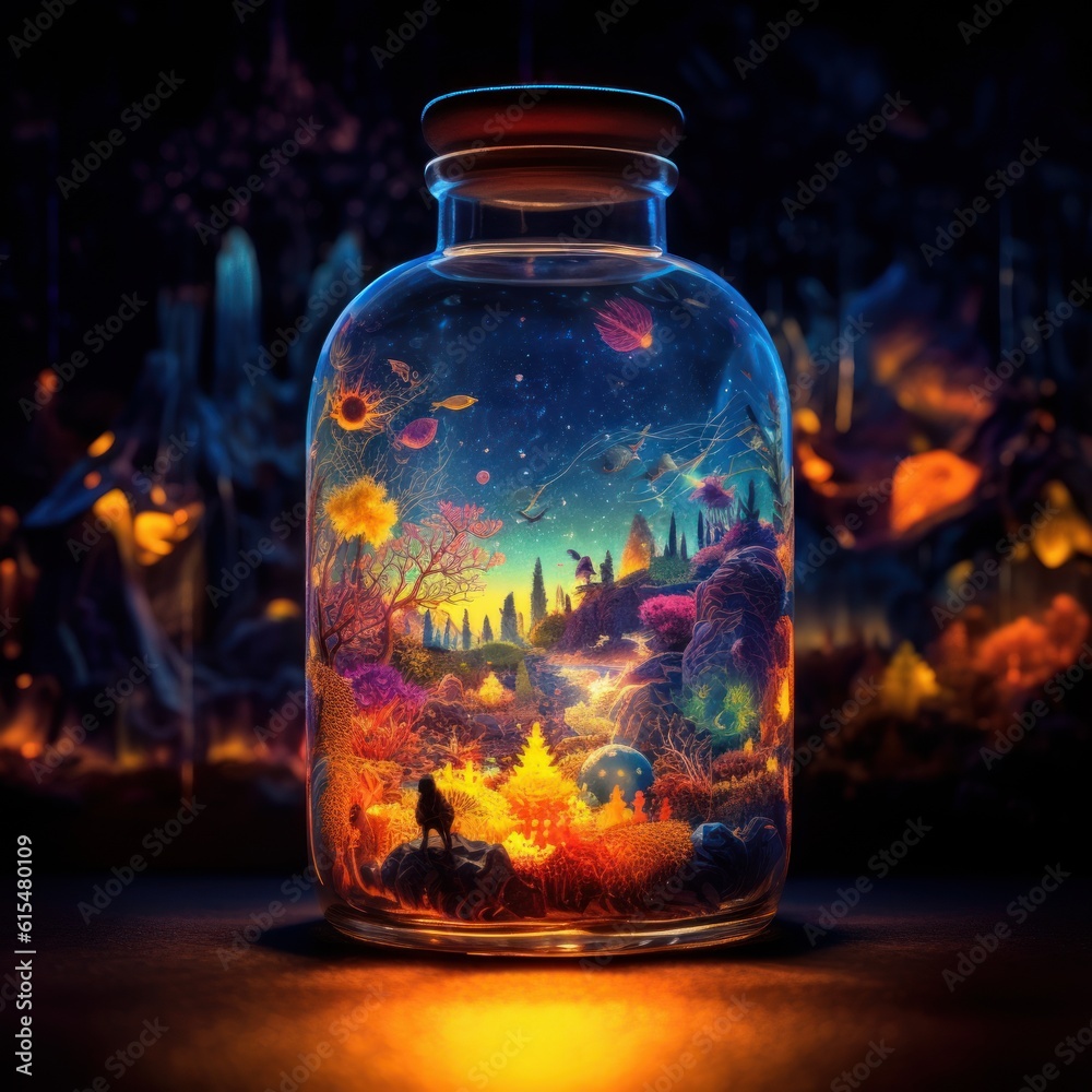 Psychedelic universe inside a beautiful bottle. Generative AI Psychedelic universe inside a beautiful bottle. Generative AI
