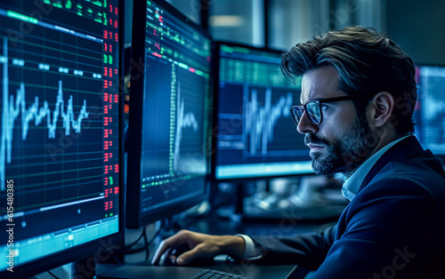 A stock trader is concentrated in front of the multi - screens that display stock market trends