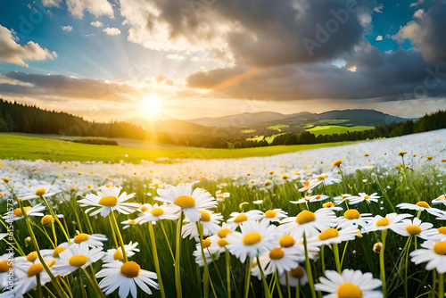 A beautiful, sun-drenched spring summer meadow. Natural colorful panoramic landscape with many wild flowers of daisies against blue sky. A frame with soft selective focus,