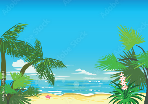 summer background with beautiful tropical landscape with palm tree and flowers, beach and shining sea for screensaver, banner or poster. Vector illustration.