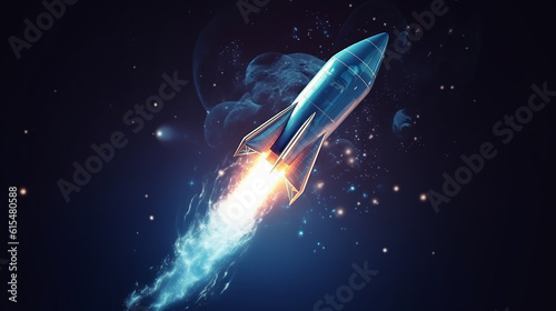 Ilustração do foguete azul e espaço para iniciar negócios,