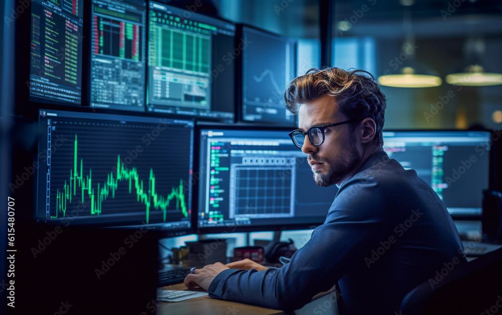 A stock trader is concentrated in front of the multi - screens that display stock market trends