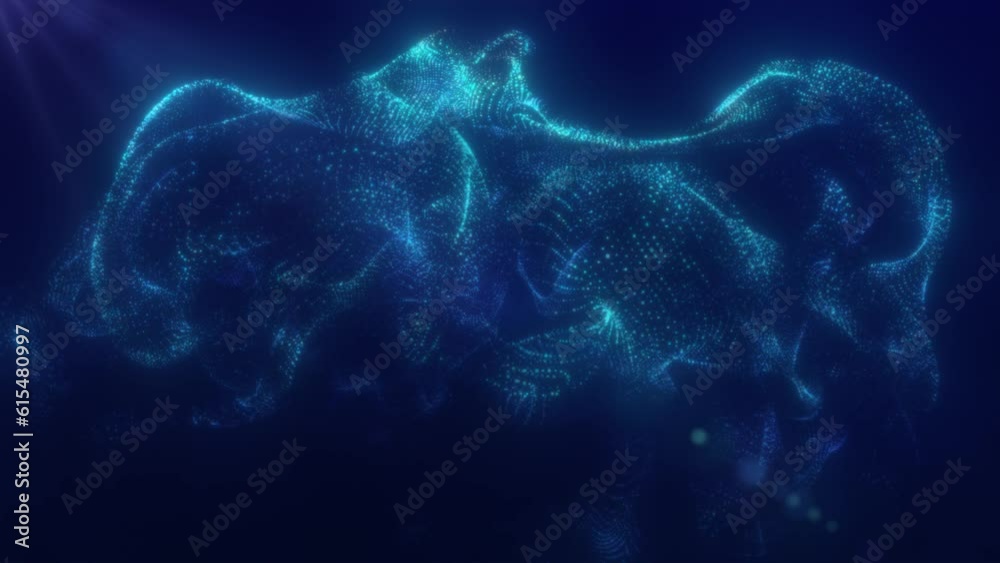 Abstract floating liquid from energetic blue particles glowing magical background
