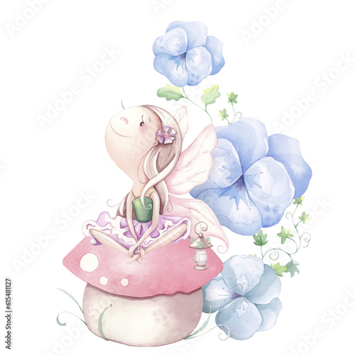 Hand painted cute fairy on flowers background. watercolor illustration.