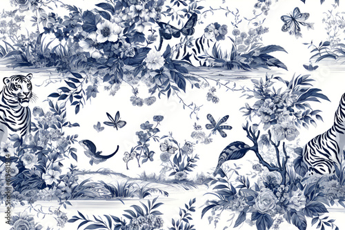 Toile de jouy motif seamless with tiger blue and white photo