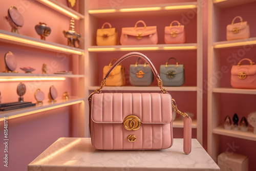 Luxury glamour woman s handbag in the store. Super photo realistic background  generative ai illustration.