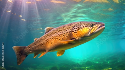 Brown Trout Swimming in Shallow Aqua-Coloured River