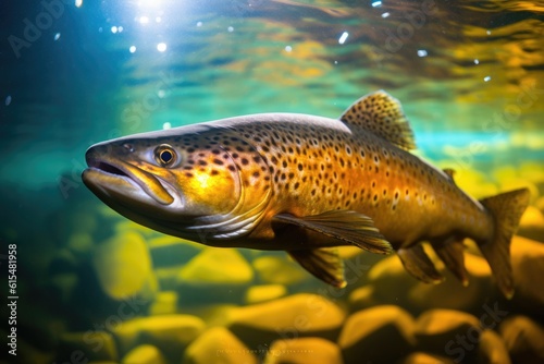 Brown Trout Swimming in Shallow Aqua-Coloured River