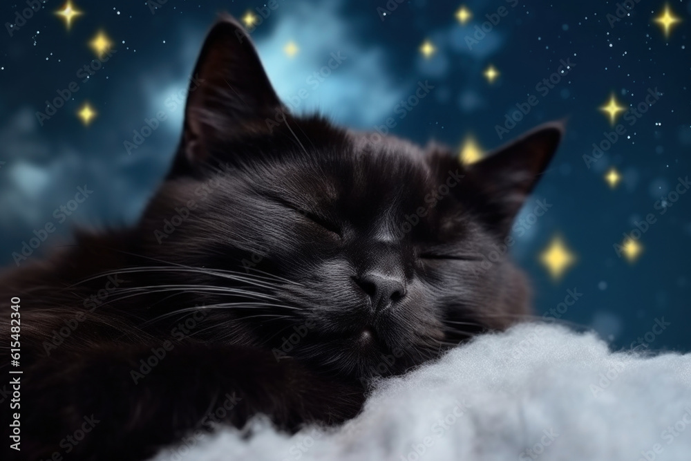 Black cat sleeping on fluffy cloud, starry night sky on background. AI generative Black cat sleeping on fluffy cloud, starry night sky on background. AI generative