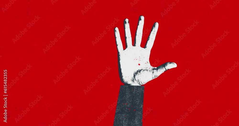 Motion design concept animation. Art collage, magazine style. Hand asks for help in terror. with an aggressive grunge effect