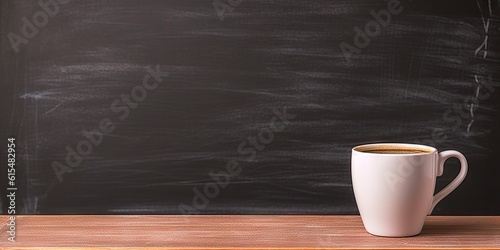 Tabletop temptations. Close up of white cup of espresso coffee on blackboard background