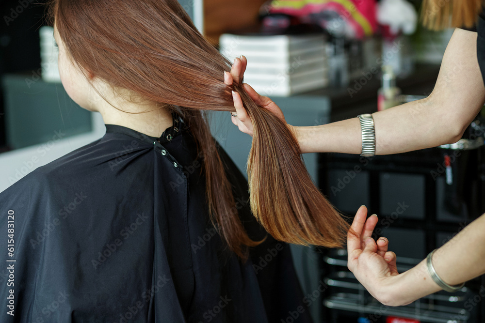 Fototapeta premium Woman in a beauty salon, hairdresser does hair, cuts hair to girl with long hair. Close up