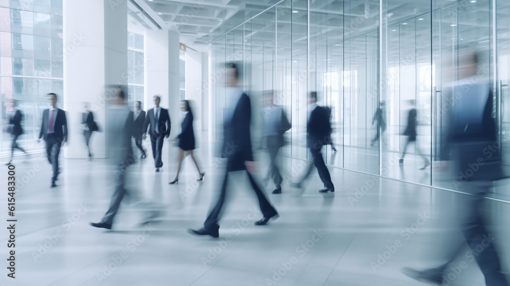 blurred business people in white glass office background, Generative AI