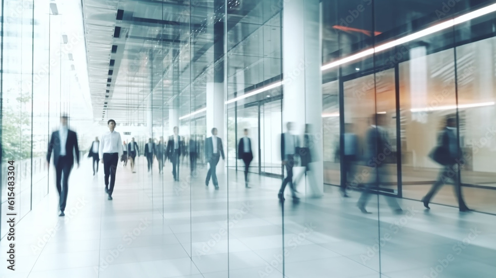 blurred business people in white glass office background, Generative AI